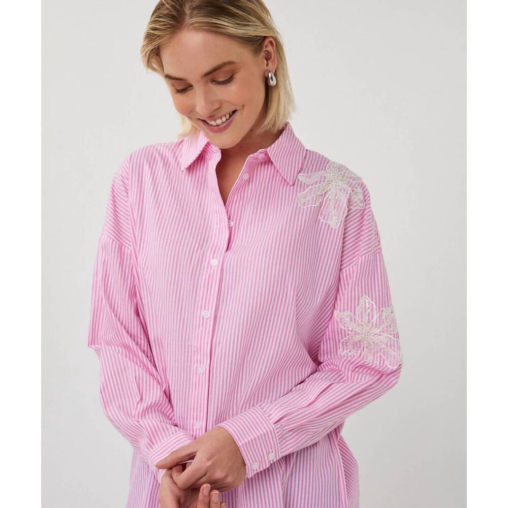 NEW ESQUALO frynn flower patch striped blouse in pink white